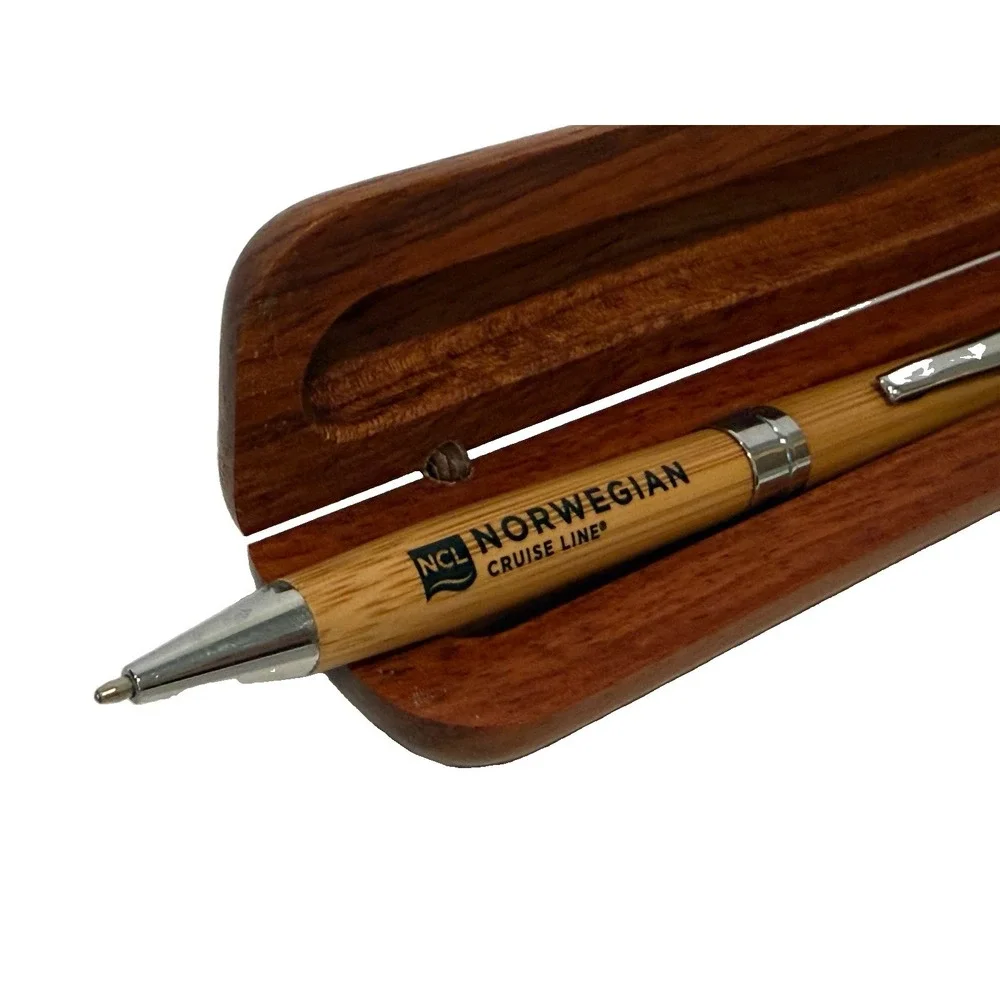 Vintage Norwegian Cruise Line NCL Wooden Bamboo Pen & Display Case Souvenir